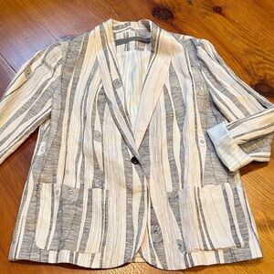RAQUEL ALLEGRA 0 White/Gray Mod Modern Fine Line Print Blazer Jacket Silk Lined